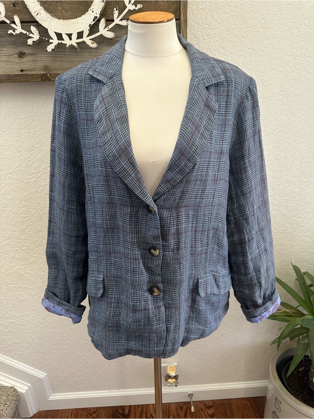 Sundance Plaid Blue Women's Blazer Jacket Linen/Cotton size Large